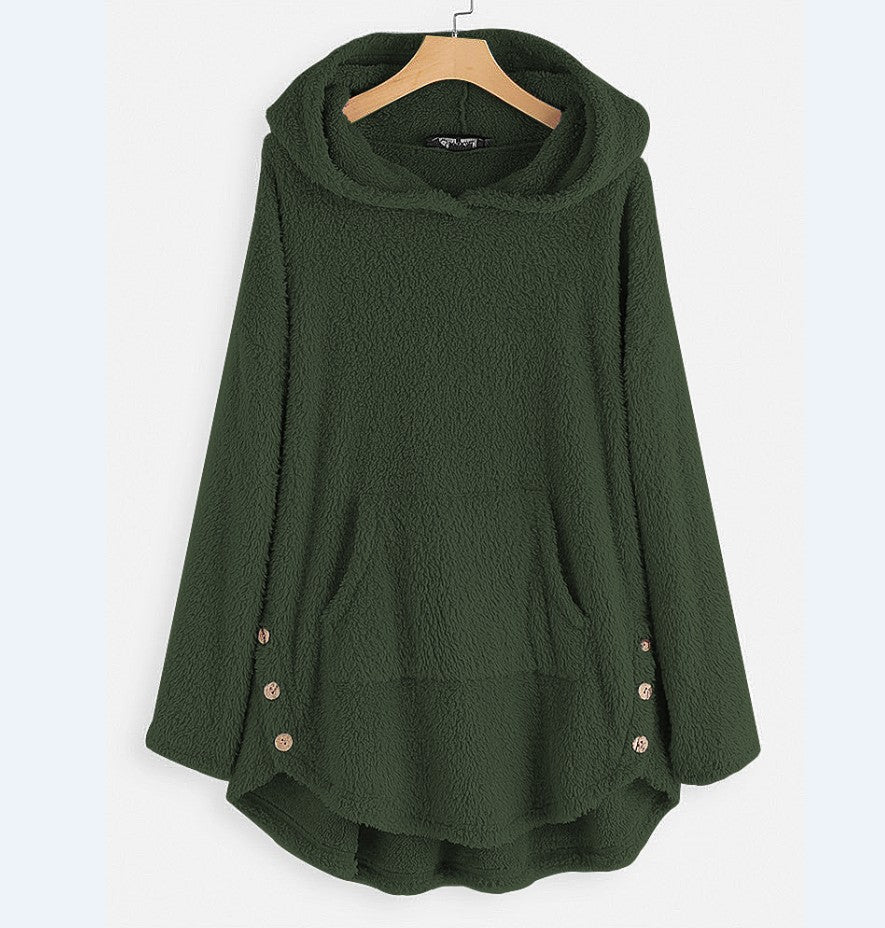 Damen nan kuscheliger Teddy-Kapuzenpullover mit Kängurutasche, Knopfleiste an den Seiten und abgerundetem Saum EB