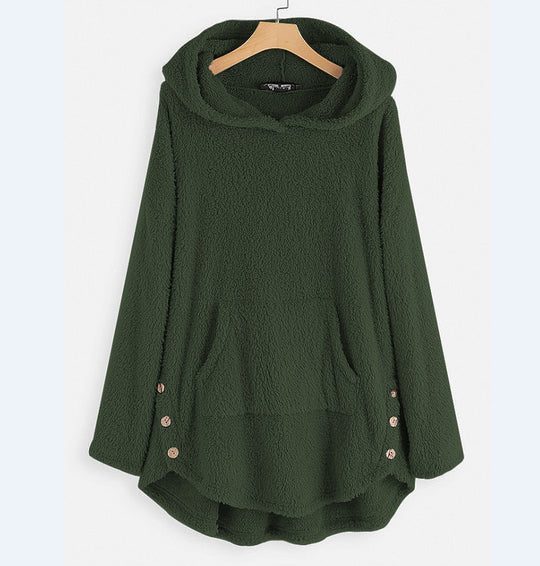 Damen nan kuscheliger Teddy-Kapuzenpullover mit Kängurutasche, Knopfleiste an den Seiten und abgerundetem Saum EB