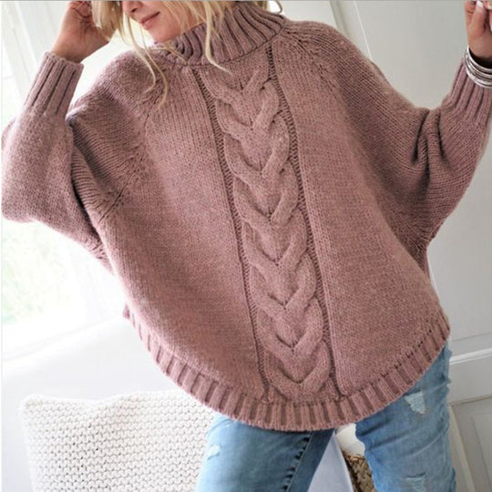 Damen modischer Grobstrickpullover mit Rollkragen und Zopfmuster EB