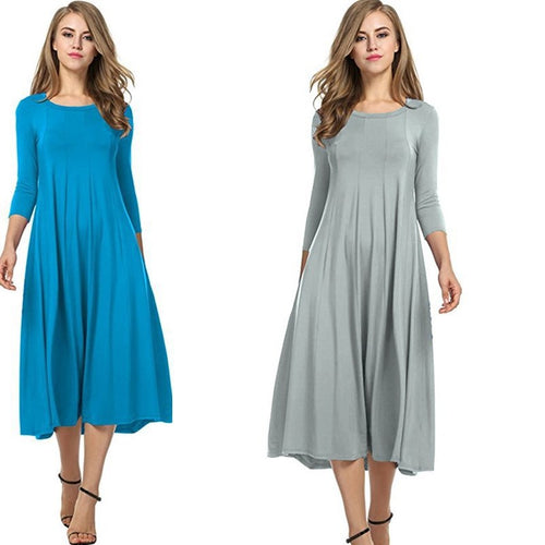 EB | Quadrat-Ausschnitt 3/4-Lange Uni-Farbe Midi-Kleid