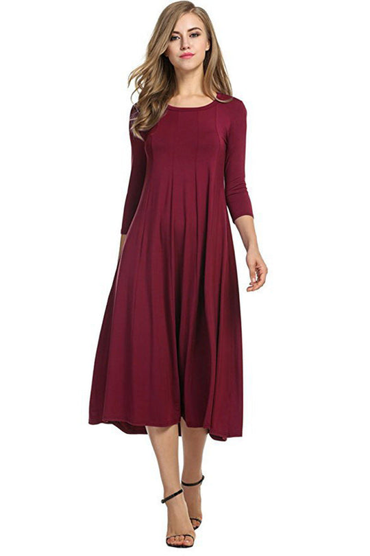 EB | Quadrat-Ausschnitt 3/4-Lange Uni-Farbe Midi-Kleid