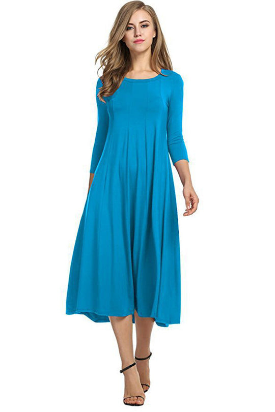EB | Quadrat-Ausschnitt 3/4-Lange Uni-Farbe Midi-Kleid