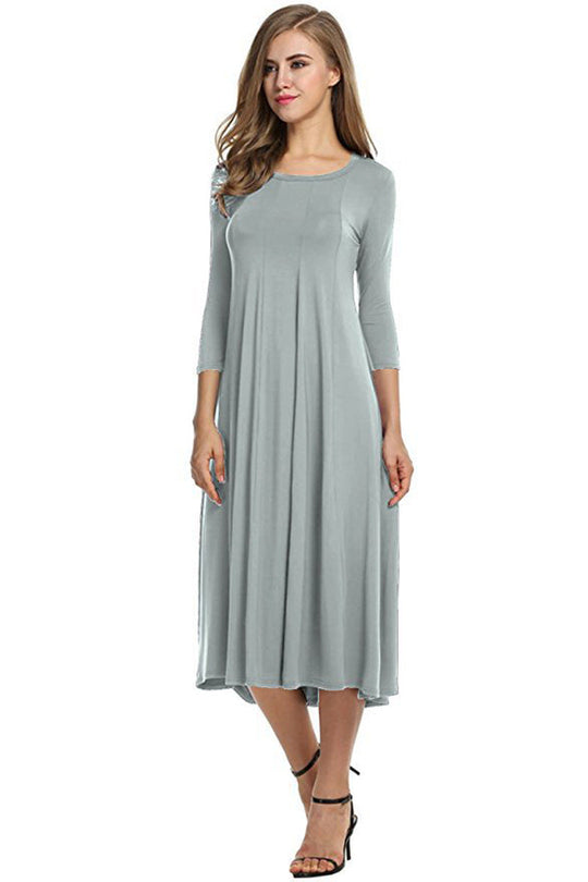 EB | Quadrat-Ausschnitt 3/4-Lange Uni-Farbe Midi-Kleid