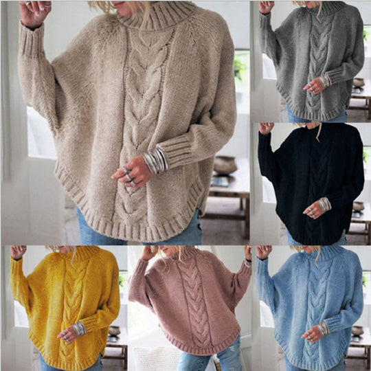 Damen Grobstrickpullover mit hohem Rollkragen und Zopfdetails EB