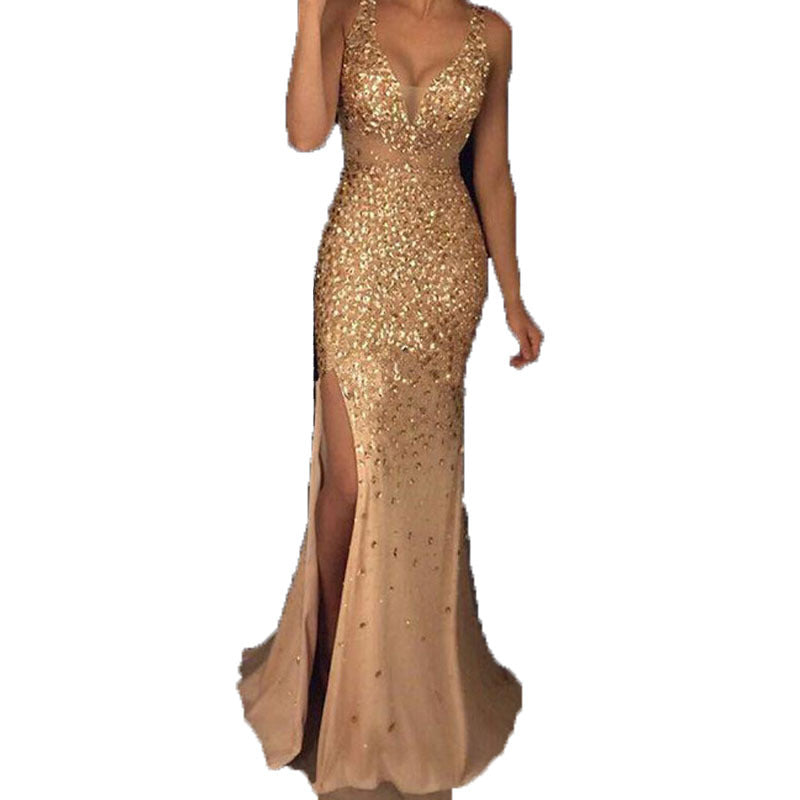 Damen Schimmerndes Abendkleid mit tiefem V-Ausschnitt und seitlichem Schlitz EB