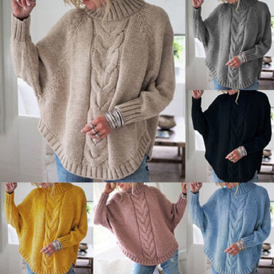 Damen Grobstrickpullover mit hohem Kragen und Zopf-Design EB
