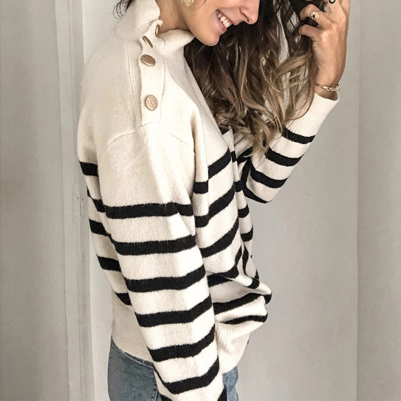 Damen kuscheliger Pullover mit modernem Stehkragen und dekorativen Knöpfen EB