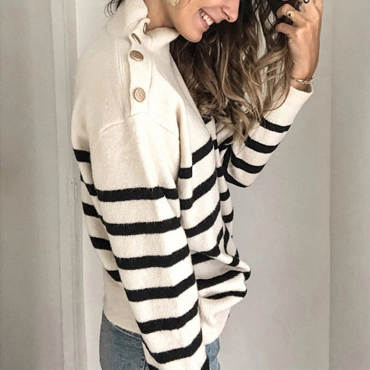 Damen kuscheliger Pullover mit modernem Stehkragen und dekorativen Knöpfen EB