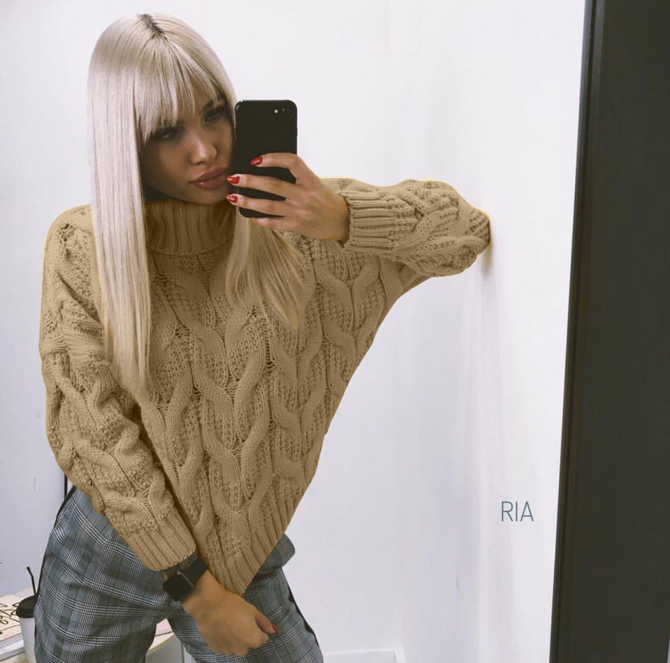 Damen Grobstrickpullover mit hochgeschlossenem Kragen und detailreichem Zopfdesign EB