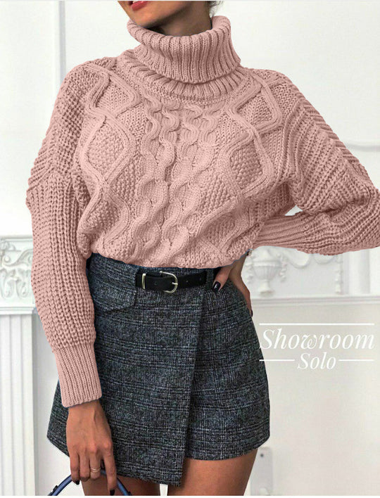 Damen Grobstrickpullover mit hohem Kragen und strukturiertem Zopfdesign EB