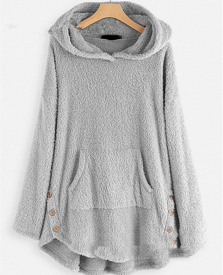 Damen nan kuscheliger Teddy-Kapuzenpullover mit Kängurutasche, Knopfleiste an den Seiten und abgerundetem Saum EB
