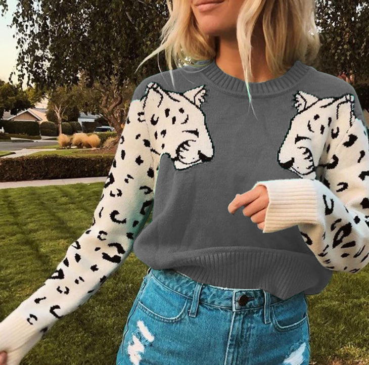 Damen Kuscheliger Pullover mit lebhaftem Tiermotiv und kontrastierenden Ärmeln EB