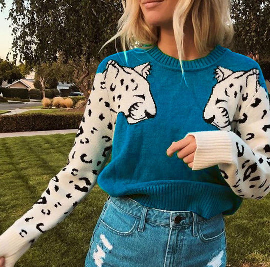 Damen Kuscheliger Pullover mit lebhaftem Tiermotiv und kontrastierenden Ärmeln EB