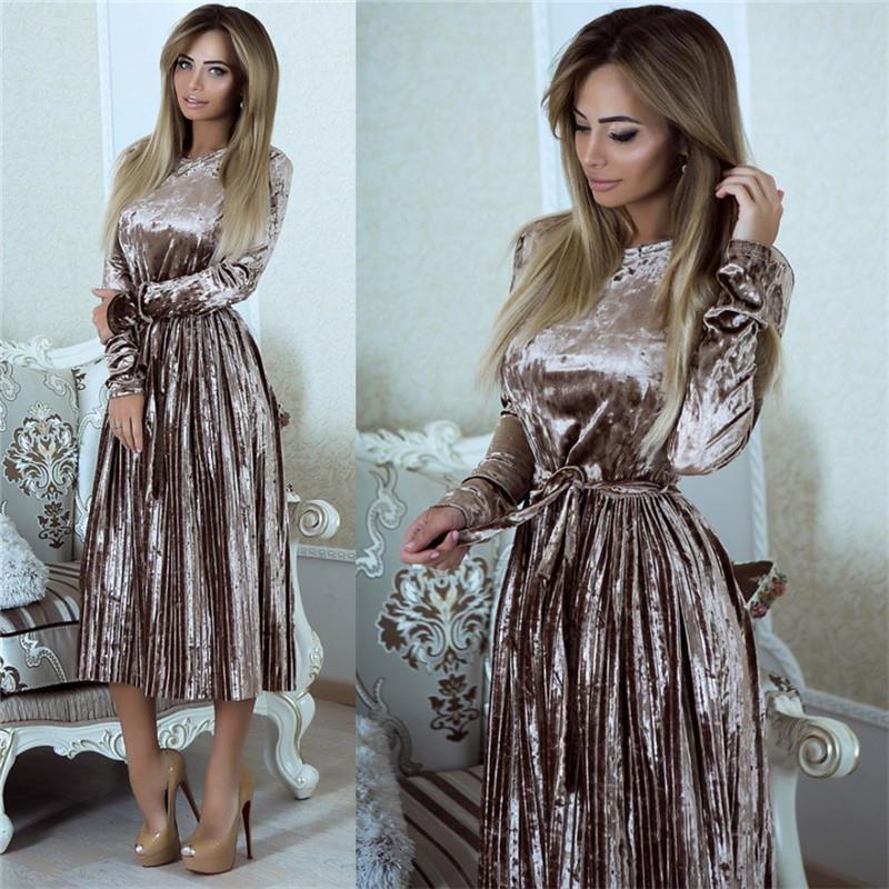 Damen elegantes Maxikleid aus luxuriösem Samt mit tailliertem Schnitt und langen Ärmeln EB