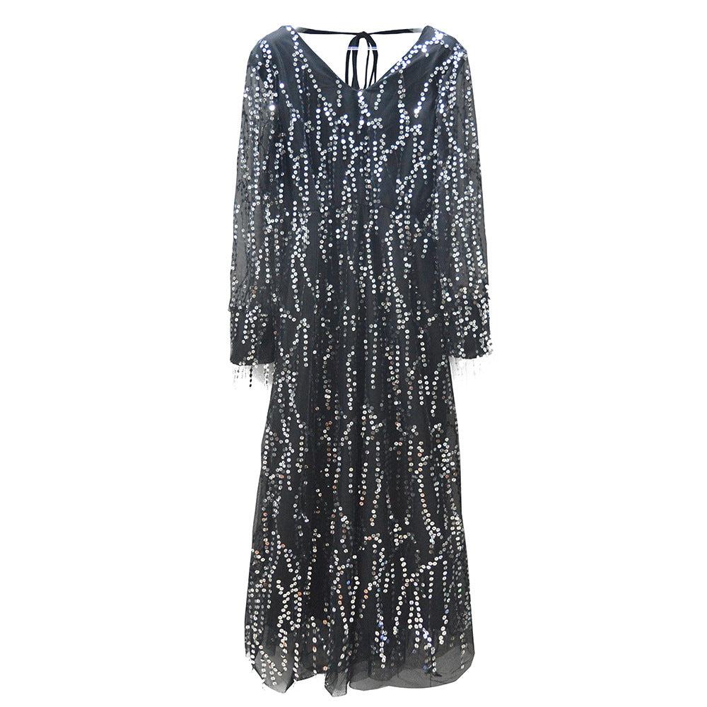 Damen Festliches Maxikleid mit funkelndem Paillettenbesatz und transparenten Ärmeln EB