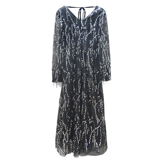 Damen Festliches Maxikleid mit funkelndem Paillettenbesatz und transparenten Ärmeln EB