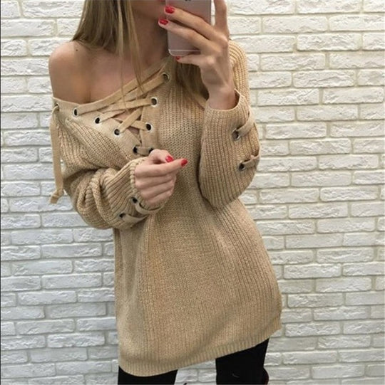 Damen Strickpullover mit einzigartigem Schnürdesign EB