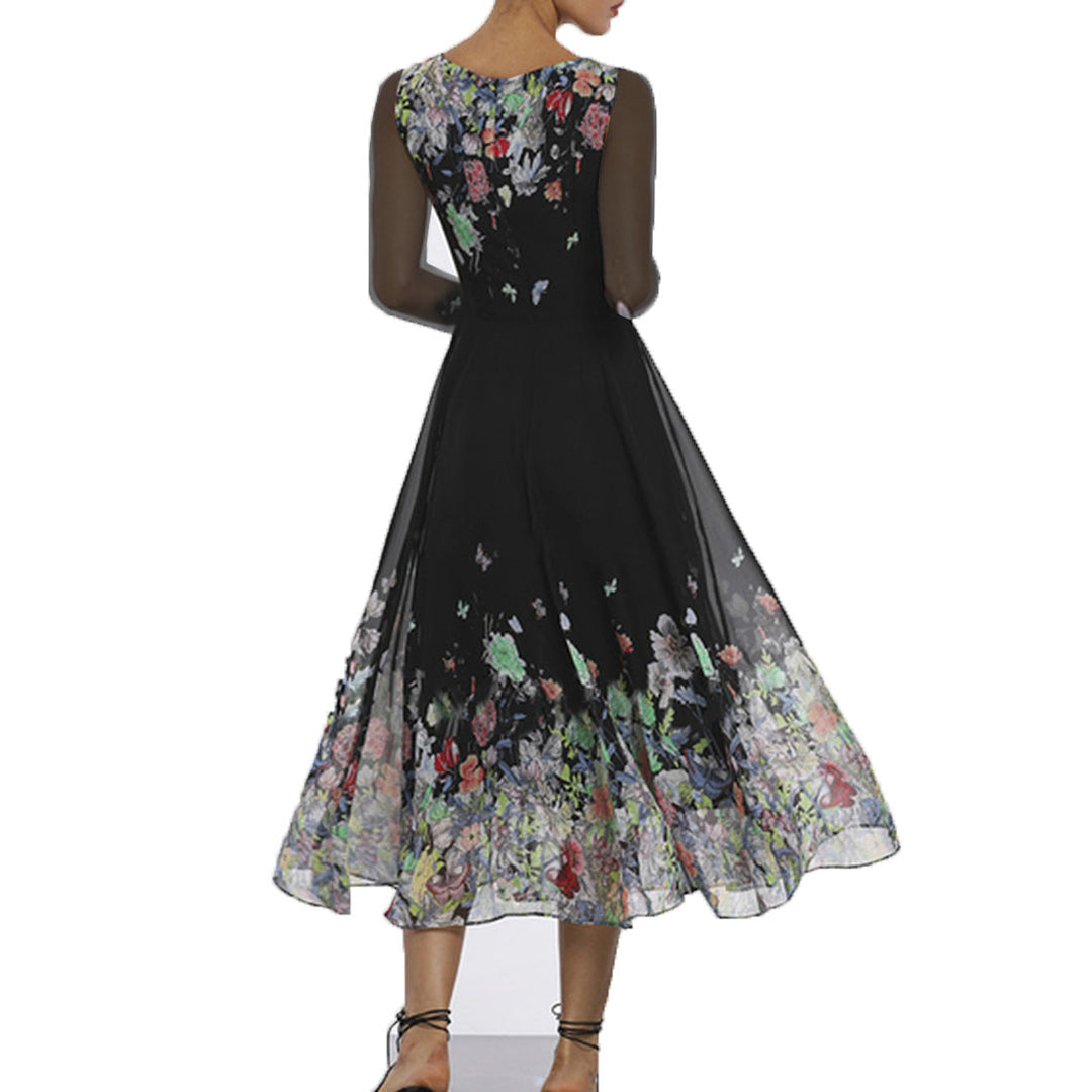 Damen Tüll Maxikleid mit floralen Applikationen und transparenten Ärmeln EB
