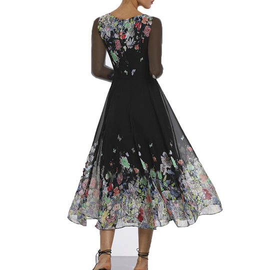 Damen Tüll Maxikleid mit floralen Applikationen und transparenten Ärmeln EB