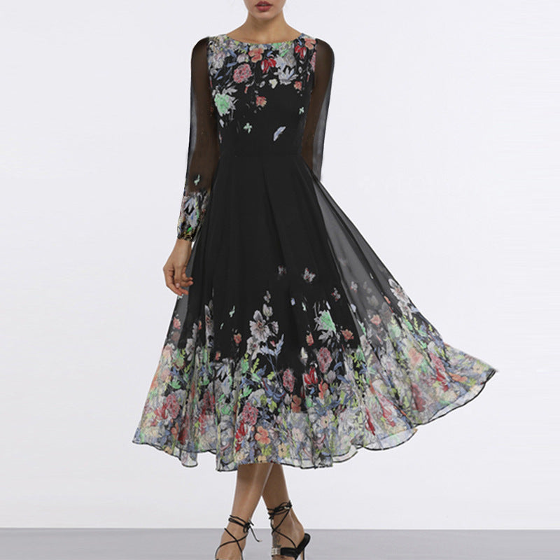 Damen Tüll Maxikleid mit floralen Applikationen und transparenten Ärmeln EB