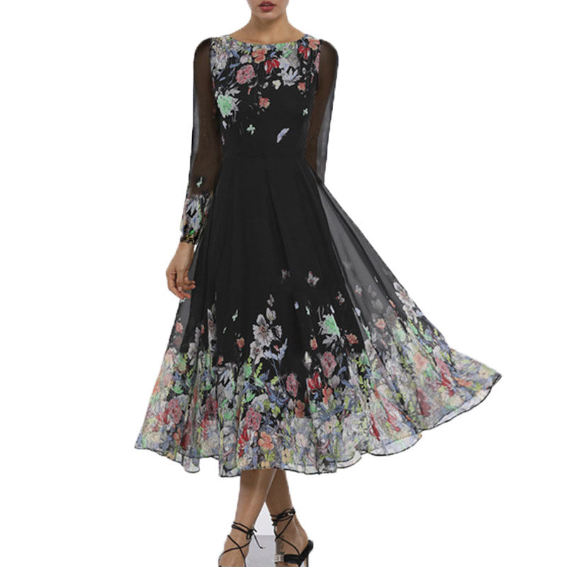 Damen Tüll Maxikleid mit floralen Applikationen und transparenten Ärmeln EB