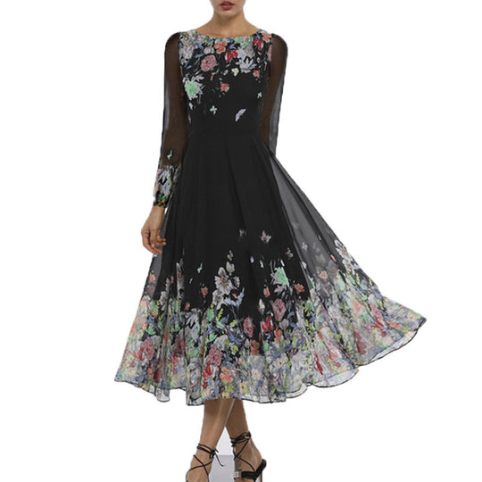 Damen Tüll Maxikleid mit floralen Applikationen und transparenten Ärmeln EB
