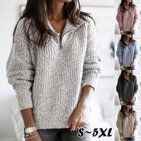 Damen nan weicher Strukturstrickpullover mit halbem Reißverschluss und Troyerkragen EB