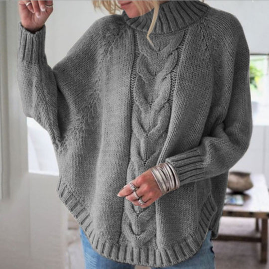 Damen Grobstrickpullover mit hohem Kragen und Zopf-Design EB