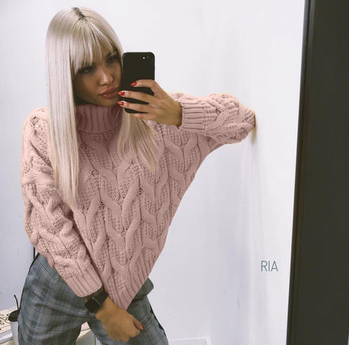 Damen Grober Strickpullover mit hohem Kragen EB