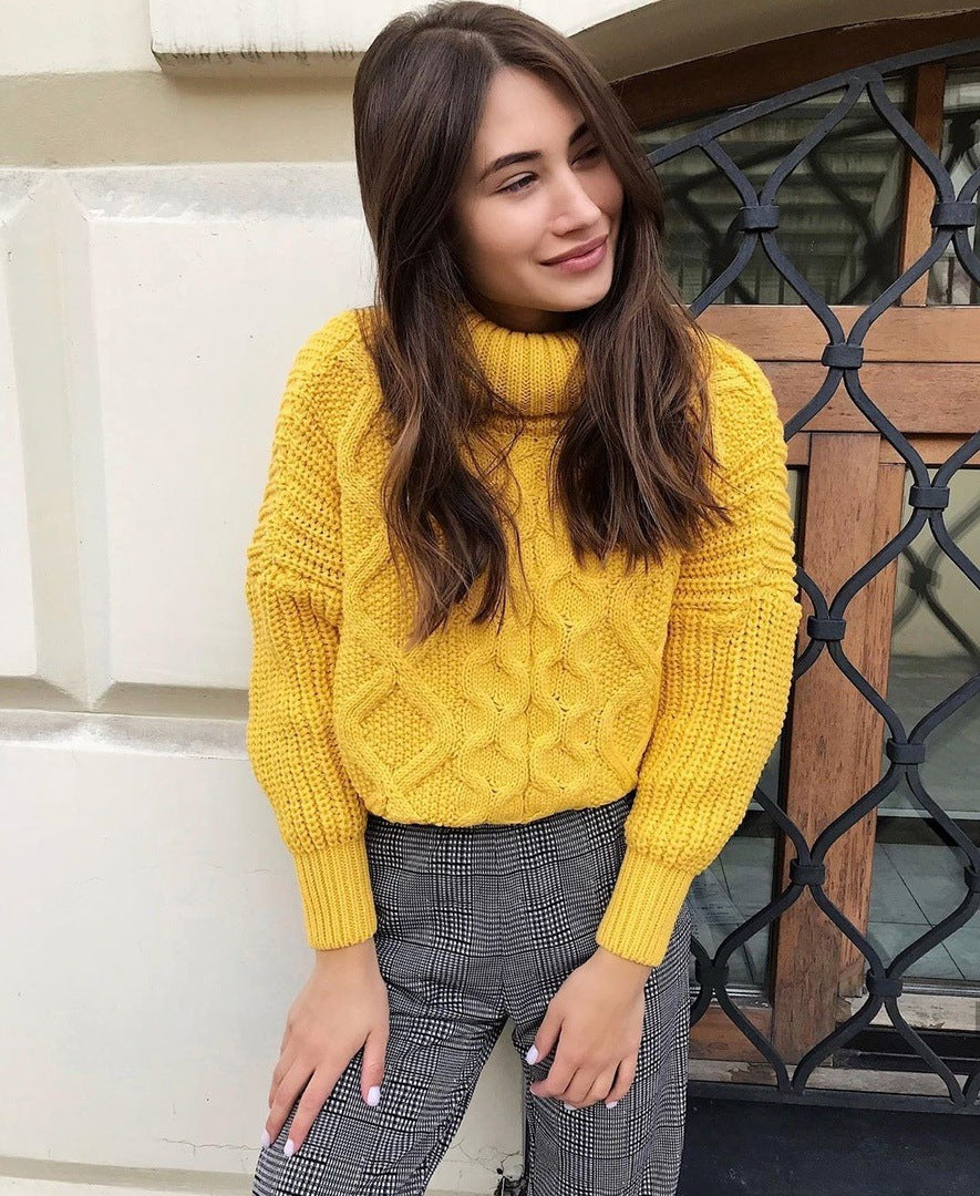 Damen Grobstrickpullover mit hohem Kragen und strukturiertem Zopfdesign EB