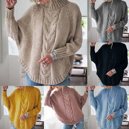 Damen Grobstrickpullover mit hoher Kragen und Zopfmuster EB