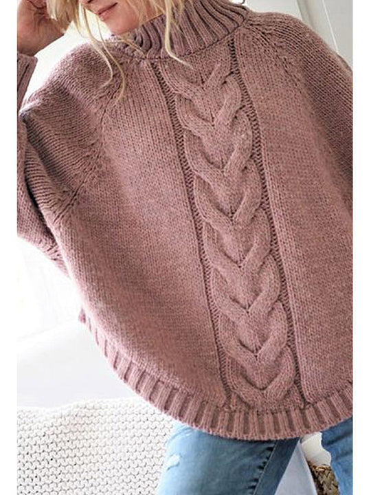 Damen Oversize Strickpullover mit hochgeschlossenem Kragen und detailliertem Zopfdesign EB