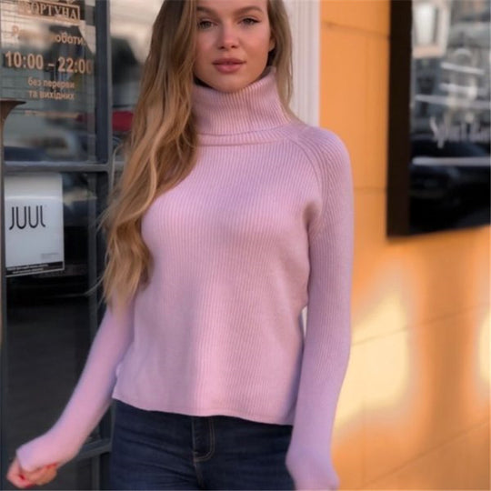 Damen eleganter Rollkragenpullover aus feinem Rippstrick EB