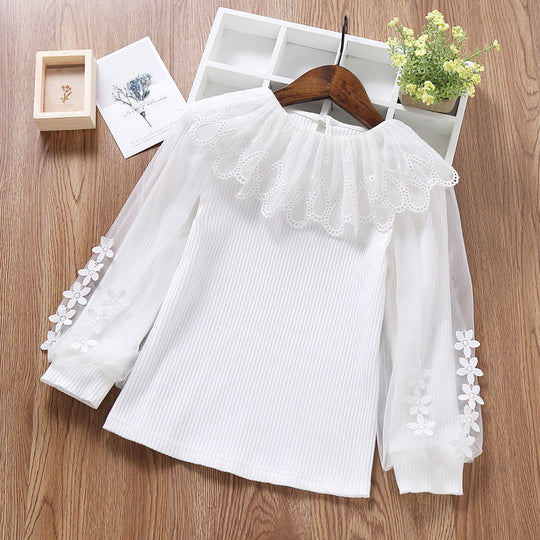 Damen elegante Bluse mit romantischem Tüllkragen und floralem Details EB