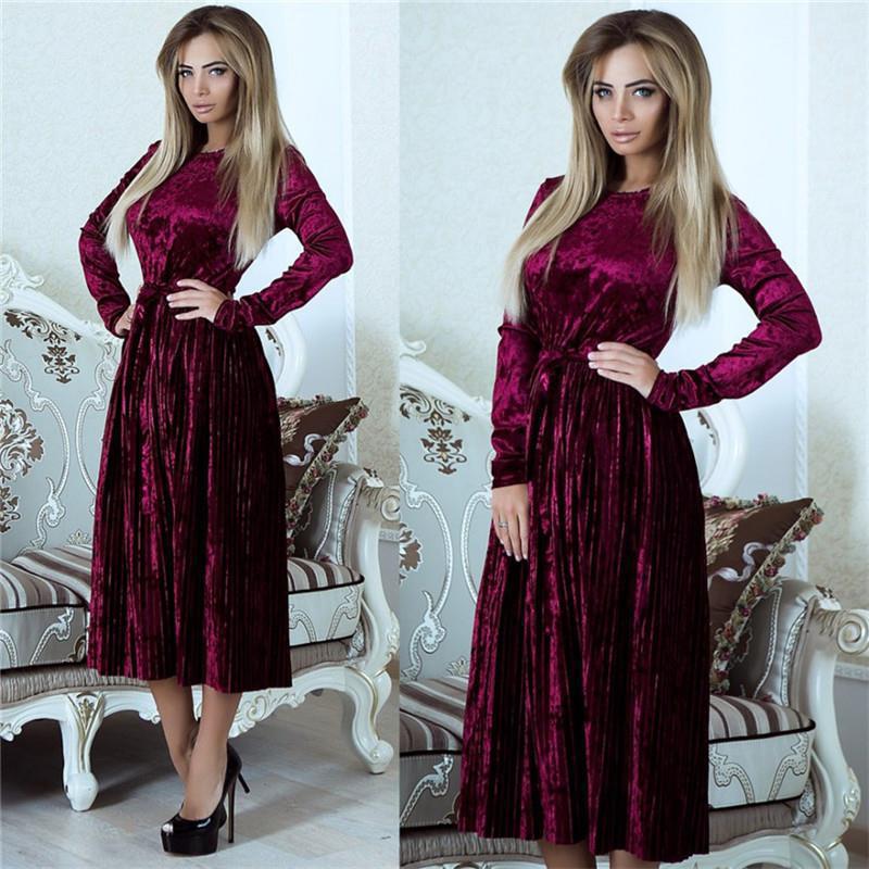 Damen elegantes Maxikleid aus luxuriösem Samt mit tailliertem Schnitt und langen Ärmeln EB