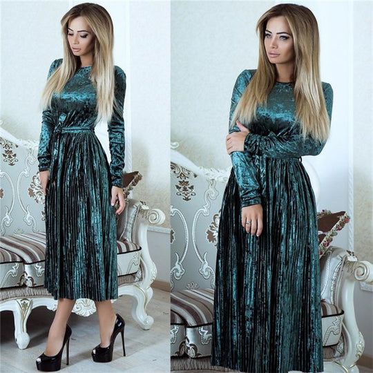 Damen elegantes Maxikleid aus luxuriösem Samt mit tailliertem Schnitt und langen Ärmeln EB