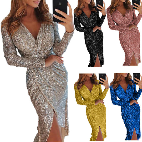 Damen nan glitzerndes Wickel-Midikleid mit V-Ausschnitt langen Ärmeln seitlichem Beinschlitz EB