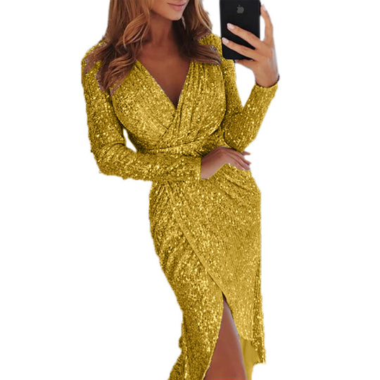 Damen nan glitzerndes Wickel-Midikleid mit V-Ausschnitt langen Ärmeln seitlichem Beinschlitz EB