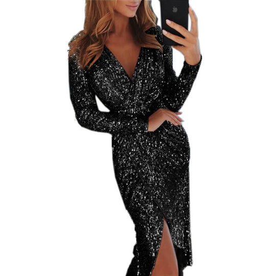 Damen nan glitzerndes Wickel-Midikleid mit V-Ausschnitt langen Ärmeln seitlichem Beinschlitz EB