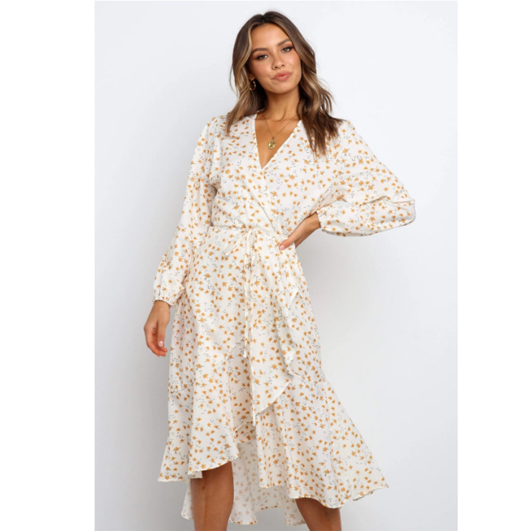 Damen Wickelkleid mit verspieltem Blumendruck und fließendem Rock EB