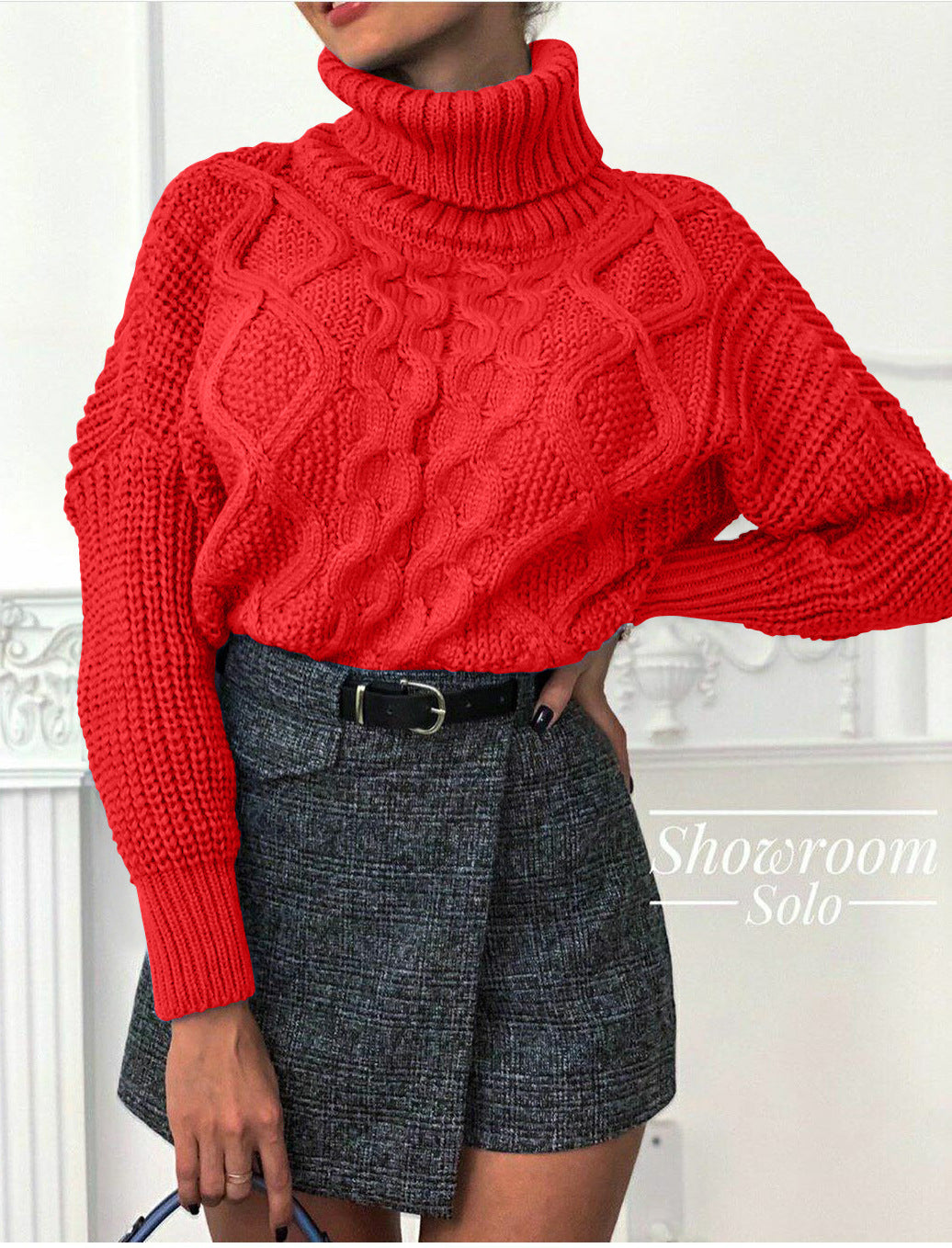 Damen Grobstrickpullover mit hohem Kragen und strukturiertem Zopfdesign EB