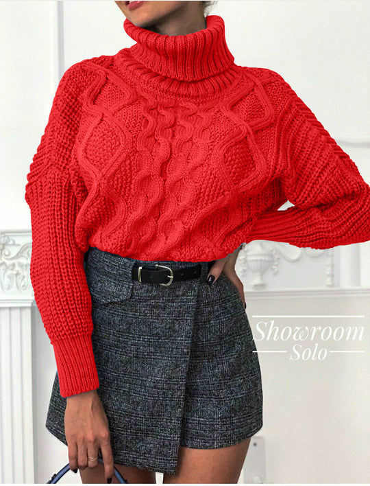 Damen Grobstrickpullover mit hohem Kragen und strukturiertem Zopfdesign EB