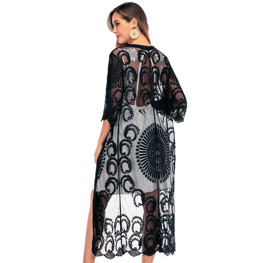 Damen Häkelstrandüberwurf mit elegantem floralem Design und lässigem Schnitt EB