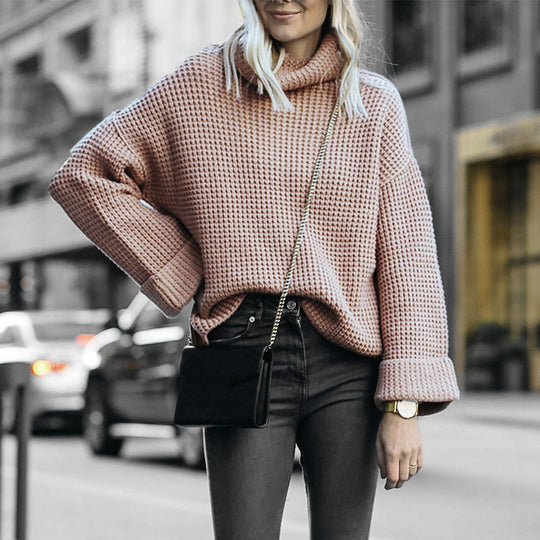 Damen Gemütlicher Strickpullover mit hohem Kragen und modernem Waffelmuster EB