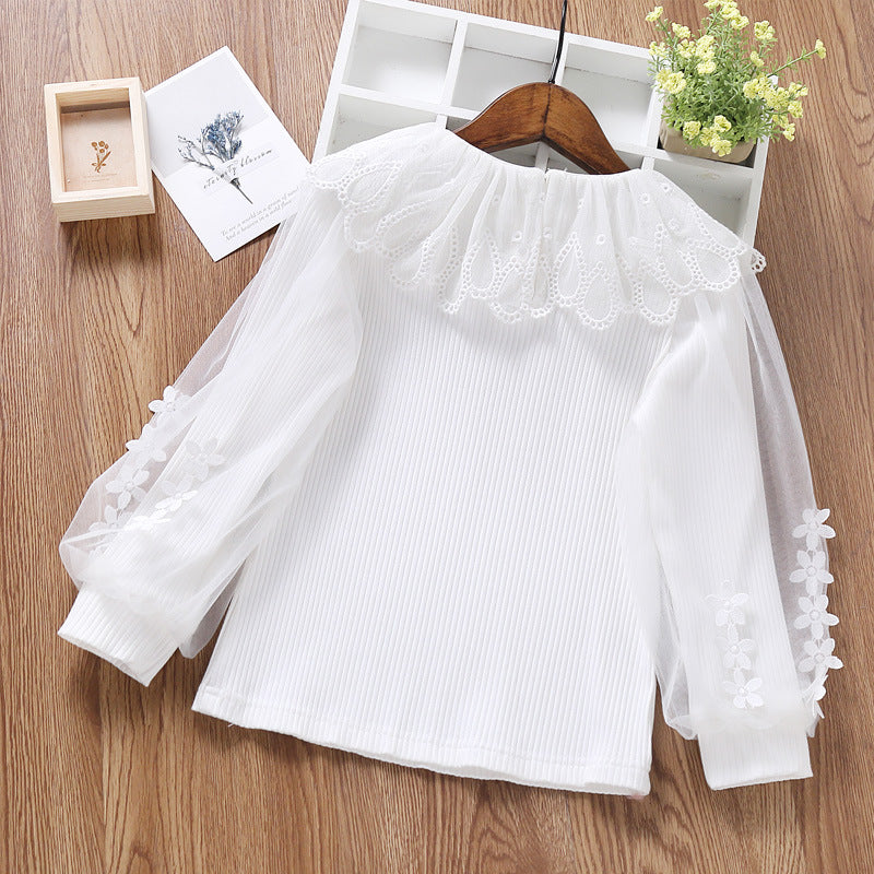 Damen elegante Bluse mit romantischem Tüllkragen und floralem Details EB