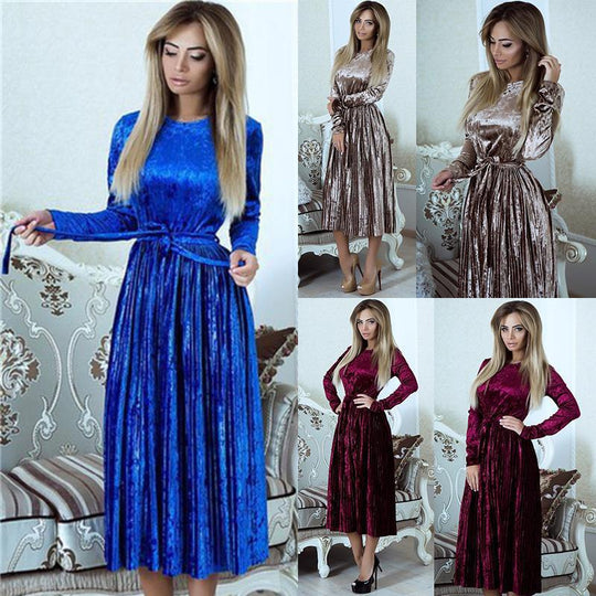 Damen elegantes Maxikleid aus luxuriösem Samt mit tailliertem Schnitt und langen Ärmeln EB