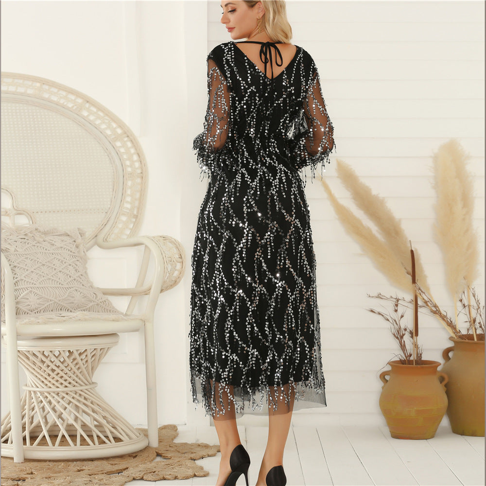 Damen Festliches Maxikleid mit funkelndem Paillettenbesatz und transparenten Ärmeln EB