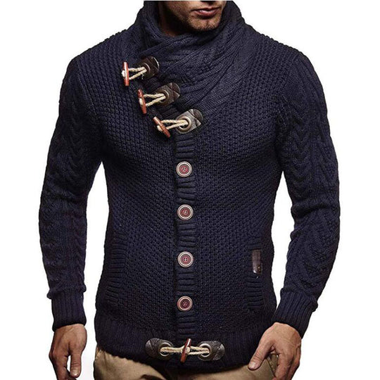Herren Strickjacke mit kreativer Knopfleiste und hohem Kragen EB