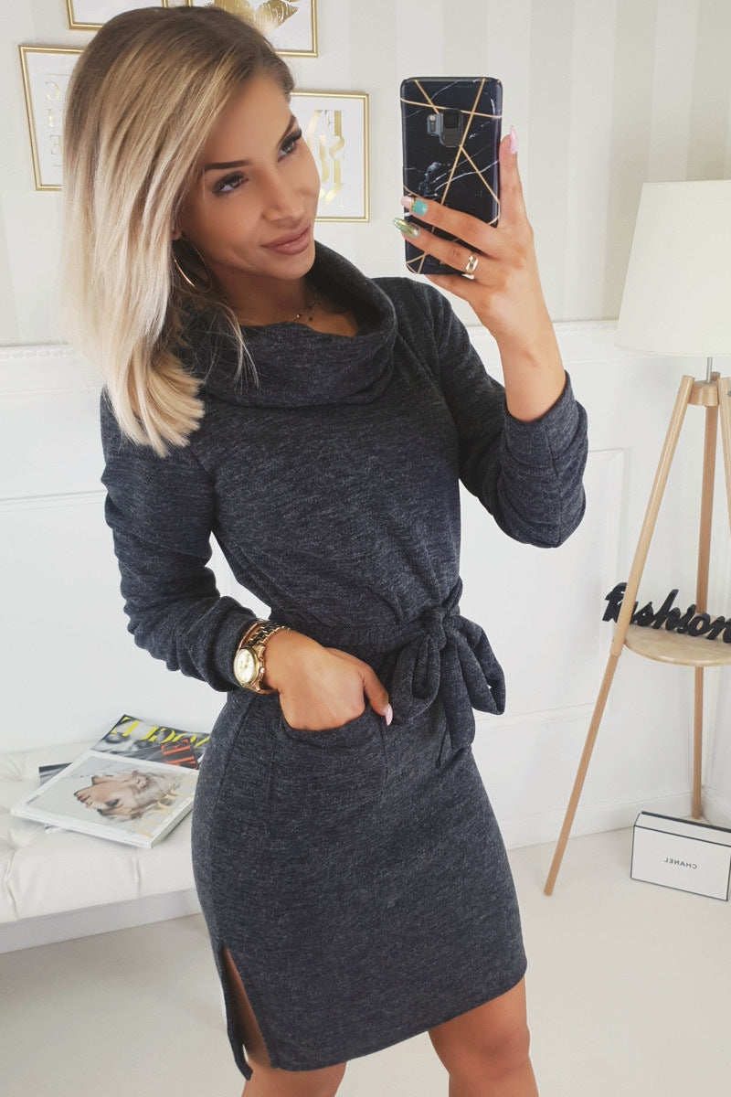 Damen Komfortables Wickelkleid mit seitlichen Taschen und modischem Rollkragen EB