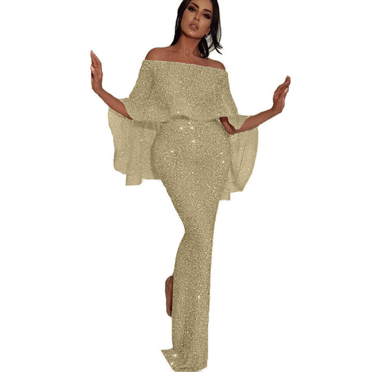 Damen Elegantes Abendkleid mit Off-Shoulder Design und glitzerndem Stoff EB